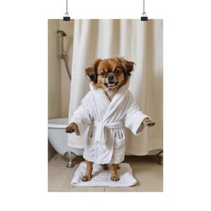 tibetan spaniel art poster decor, funny tibetan spaniel in bath and wearing bathrobe tied up l dog canvas art, pet wall art, dog lover gif