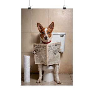 australian cattle dog bathroom wall art, funny house decor print, australian cattle dog with newspaper on the toilet, australian cattle