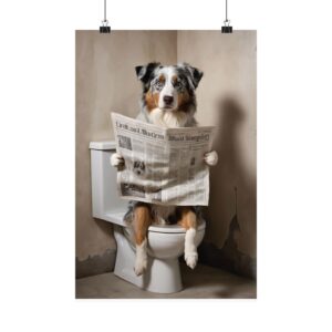 australian shepherd art print decor, funny australian shepherd on the toilet reading newspaper l dog canvas art, pet wall art, dog lover gif